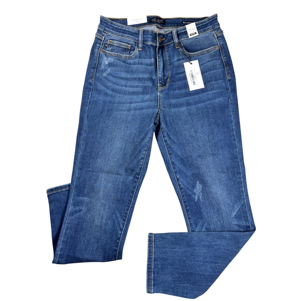 NWT Judy Blue Womens Size 11/30 Relaxed Fit Mid Rise Distressed Denim Jeans Dark